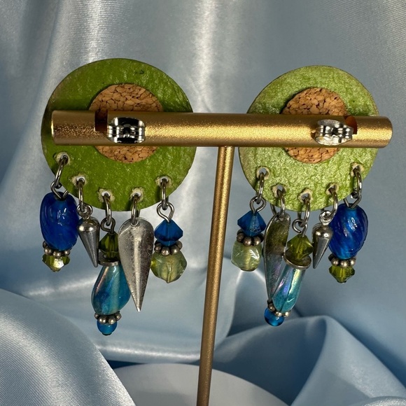 Whimsical Green & Blue Dangle Statement Earrings – Mixed Media Art Jewelry - Picture 8 of 10